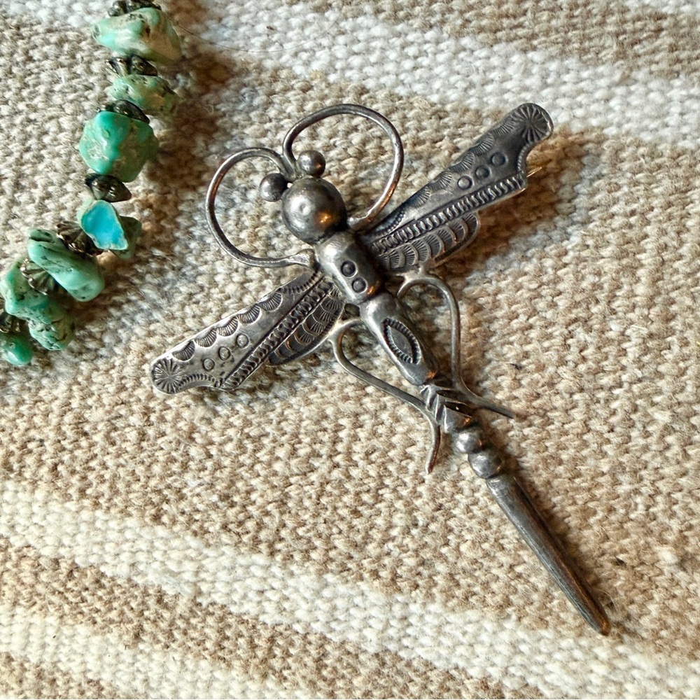 Vintage Native American Zuni Artist Silver Hand Stamped Dragonfly Brooch